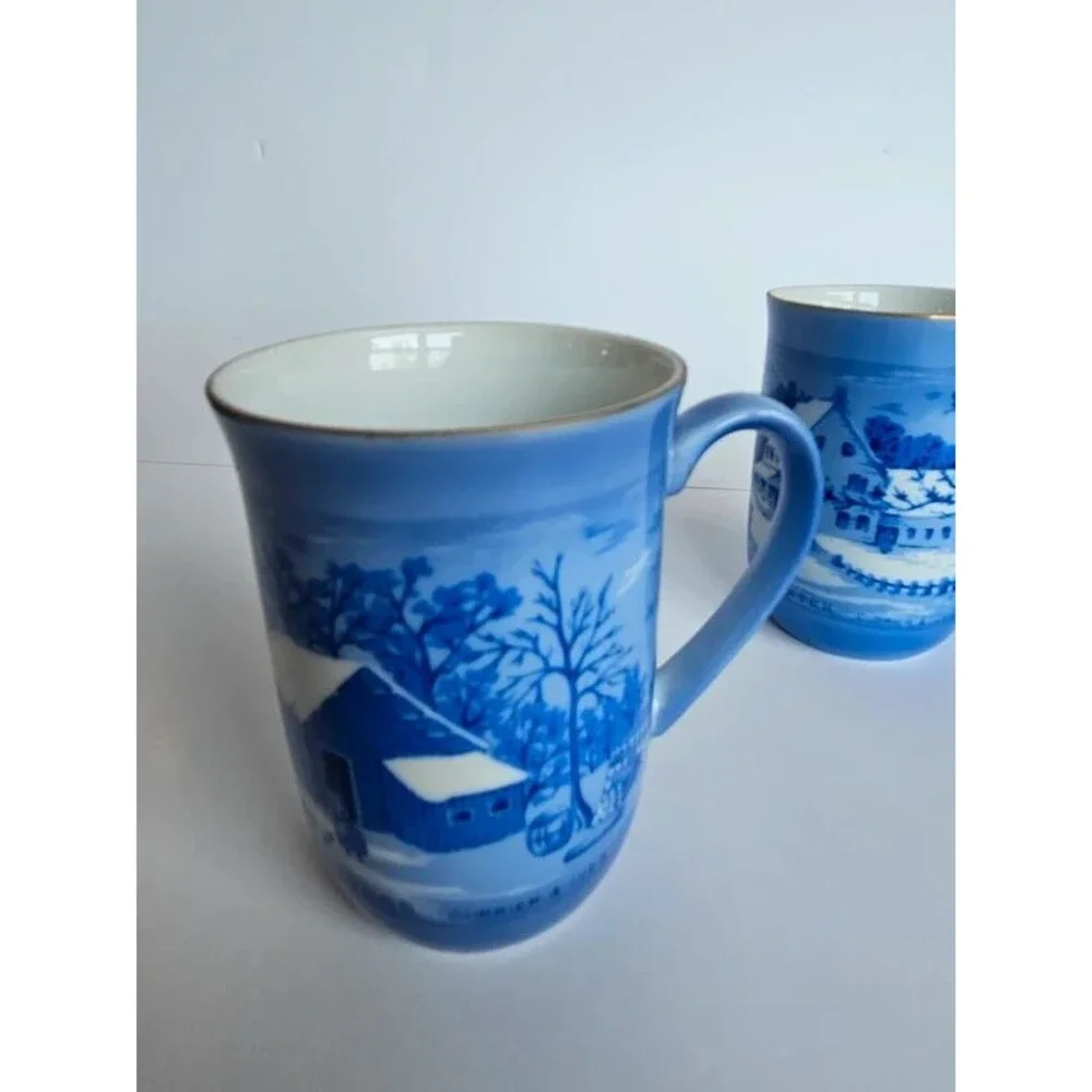 Vintage Currier & Ives Blue and White Mugs Winter Scenes